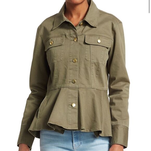 Frame Button Front Peplum Denim Jacket Army Green - Picture 9 of 9